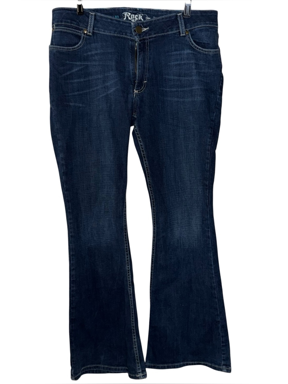 Rock 47 by Wrangler Flare Leg Jeans Dark Indigo wash women’s sz 33 x 34 stretch